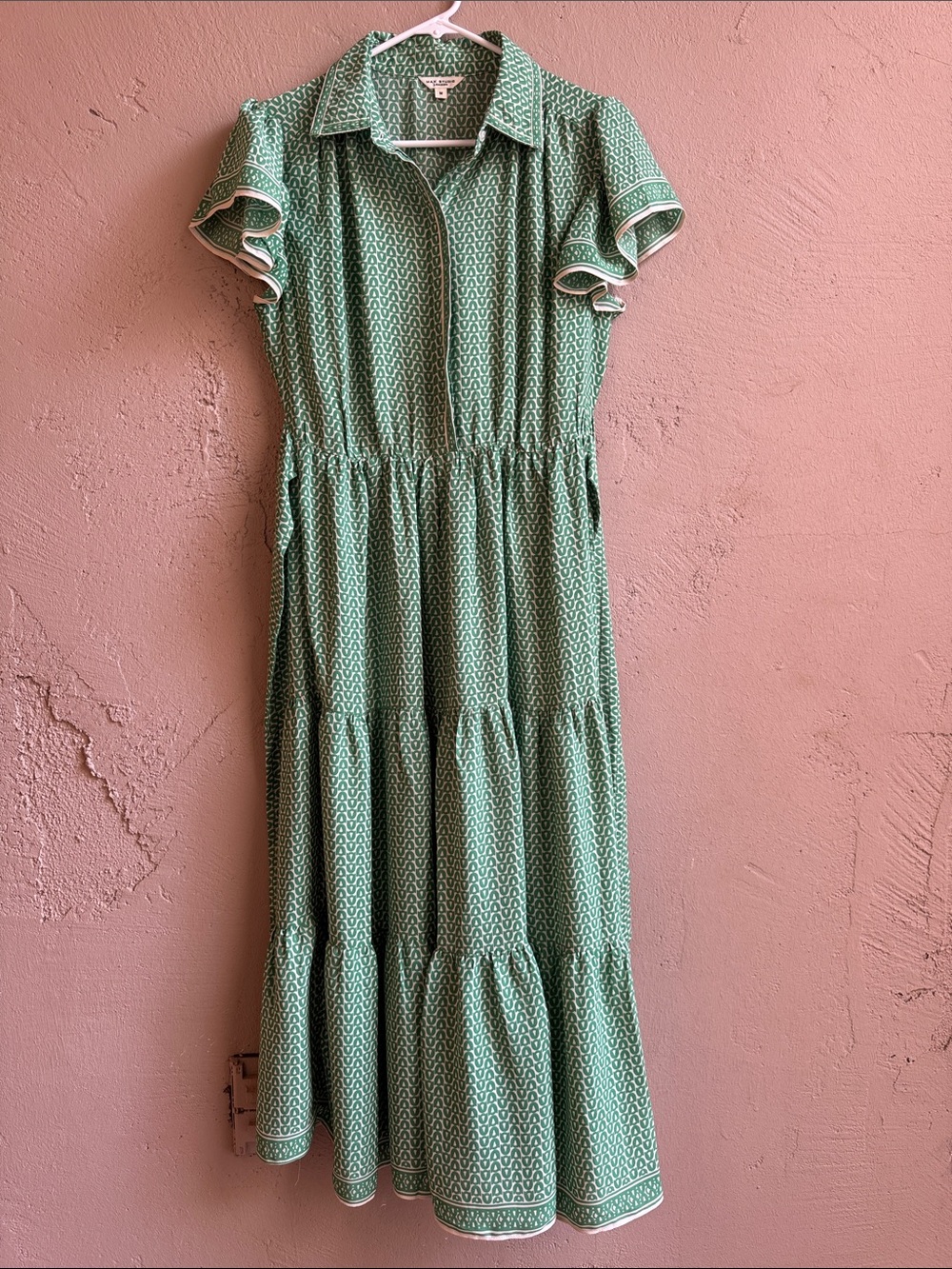 Max Studio Green Patterned Tiered Midi Shirt Dress size medium